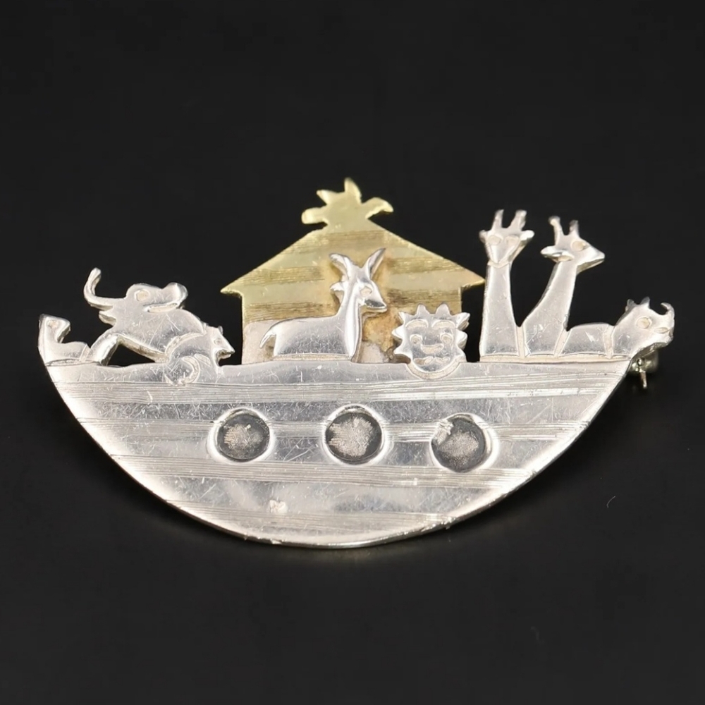 Vintage Sterling Silver 925 MEXICO Noah's Ark Boat Religious Brooch Pendant 17g